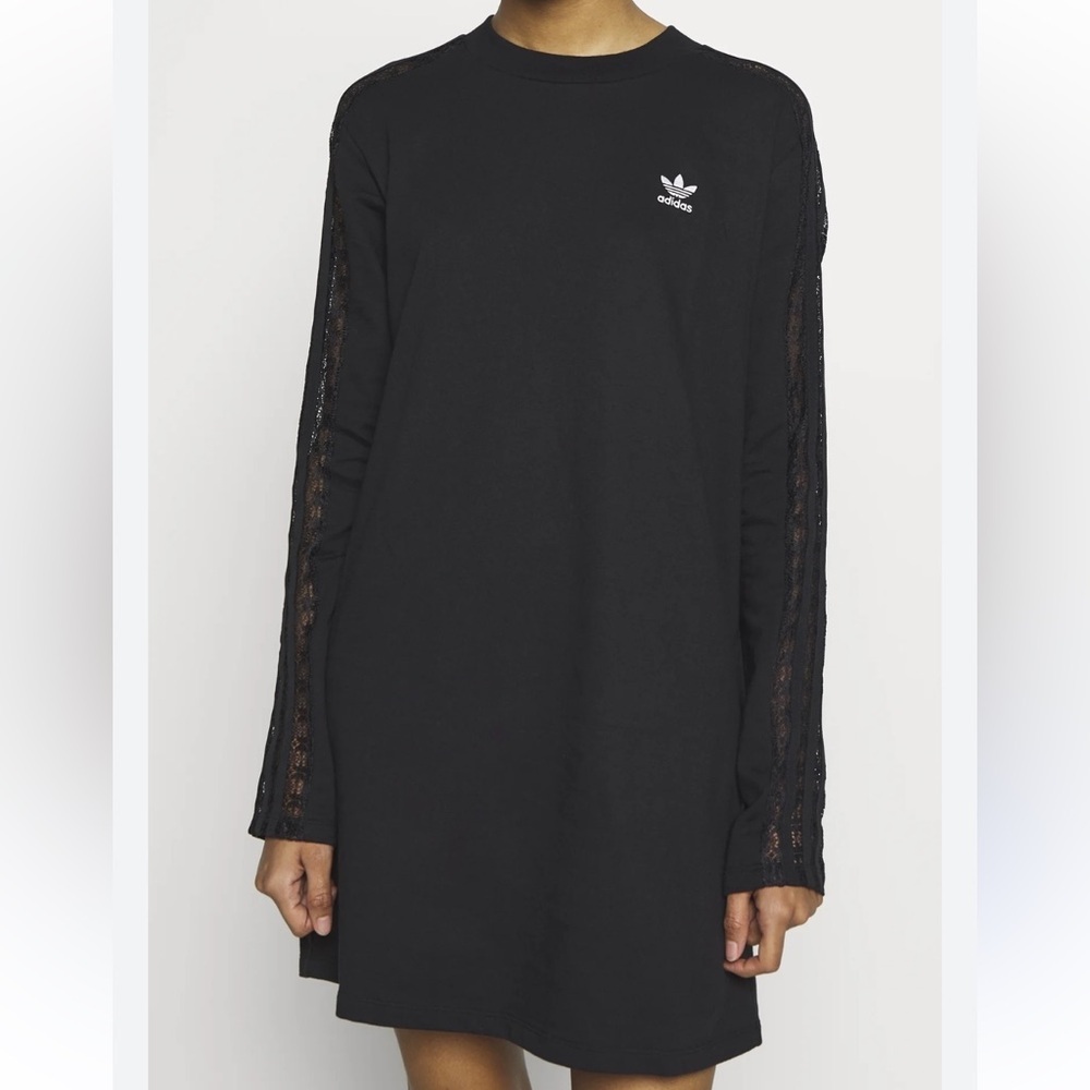 Adidas Black Long-Sleeve Lace-Panel Sweatshirt Dress size small